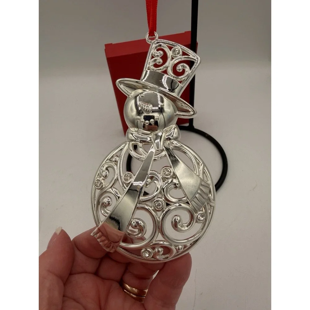 ⛄✨ Lenox Sparkle & Scroll Clear‑Crystal Snowman Ornament – Silverplate – Elegant